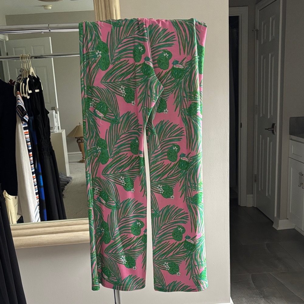 Kaeli Smith Pink and Green Leaf Print Wide Leg Pants